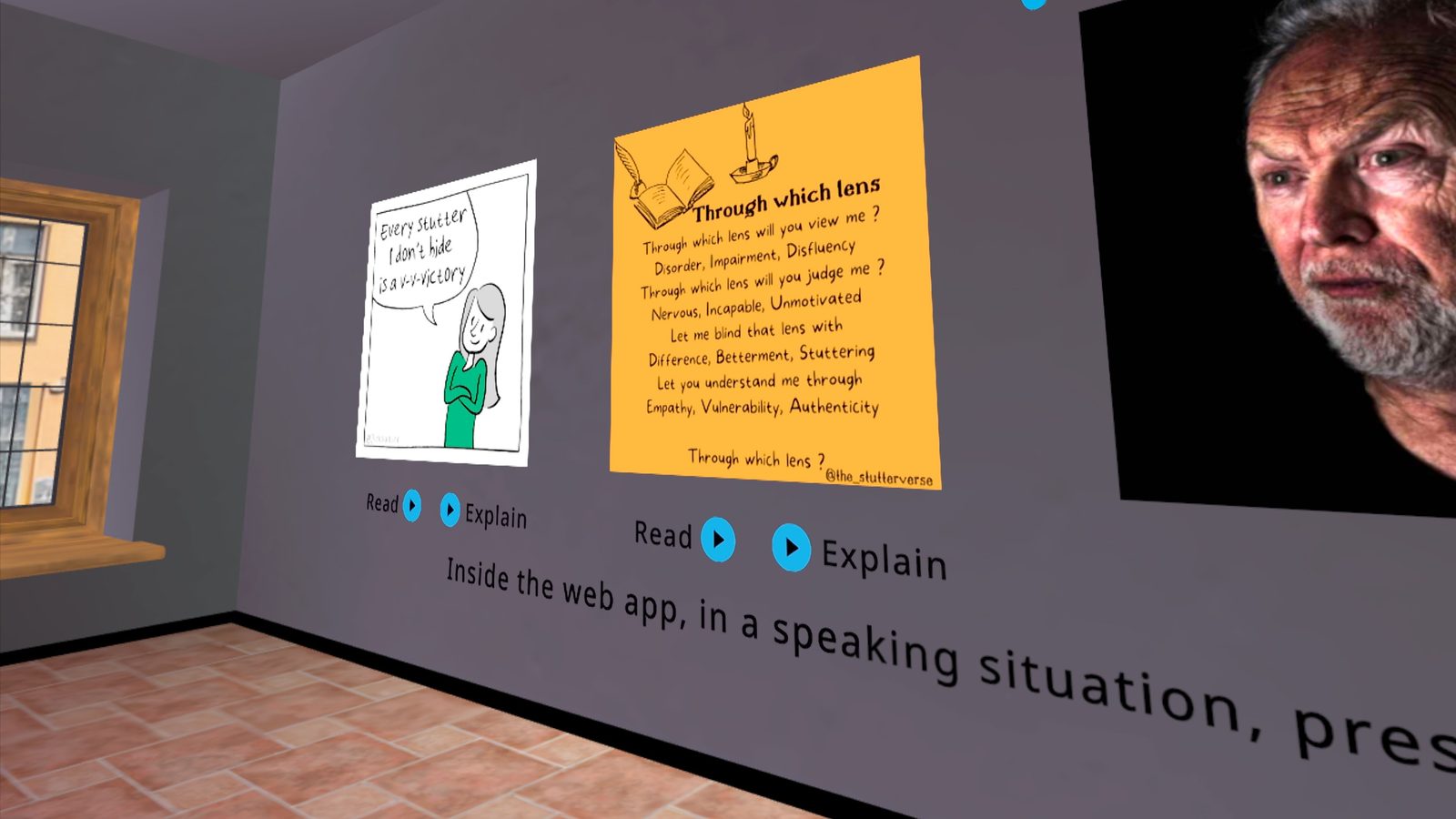 VR Waiting Room showing Franky Banky comic and Paul Aston photograph displayed on the front wall, with Read and Explain buttons below each piece